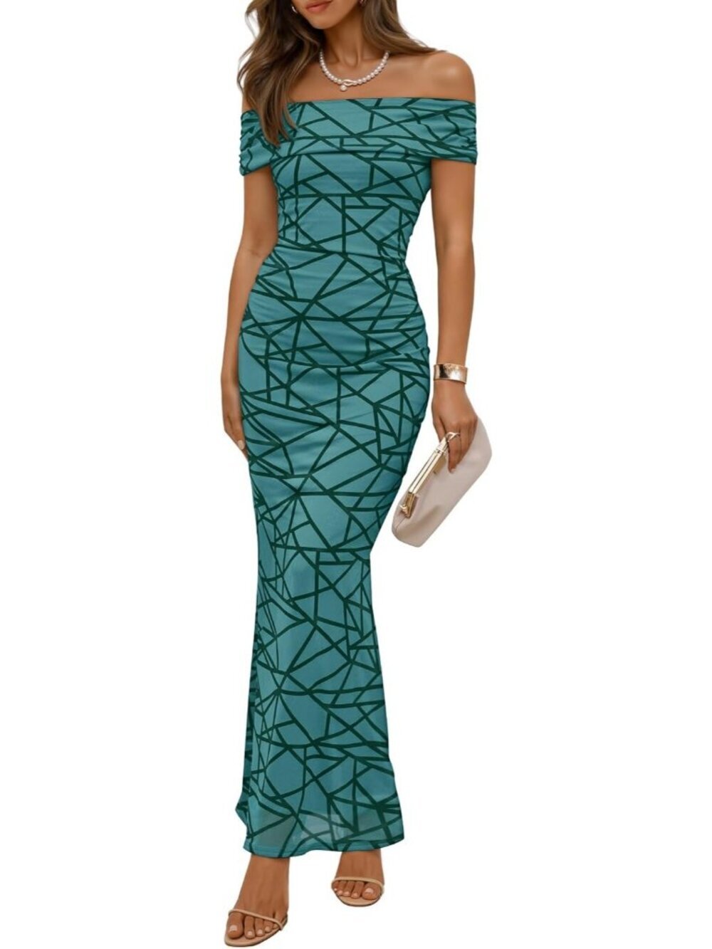 Women's Geometric Polyester And Elastane Off Shoulder Floral Bodycon Maxi Dress